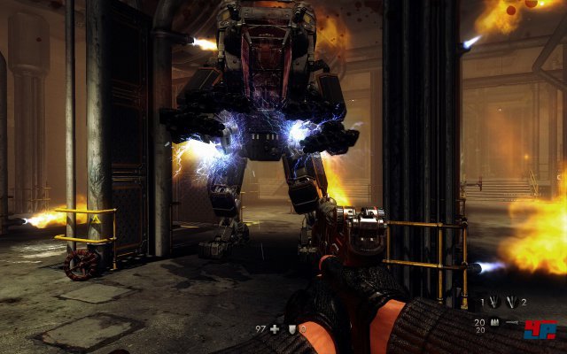 Der Raum ist voller Ventile, welche durch die Kanonen des Mechs im Laufe des Kampfs zerstört werden und den Raum in ein Flammeninferno verwandeln. Ihr müsst schnell handeln, bearbeitet den Mech mit eurem Laserkraftwerk. Eine Ladestation findet sich in der Ecke am Fuße der großen Treppe und in jeder anderen Ecke des Raumes. Kommt ihm nicht zu nah, da er sonst Blitze einsetzt. Zusätzlich solltet ihr alle Raketen auf ihn schießen, die ihr dabei habt. Wenn er euch zu nah kommt, lauft zentral durch den Raum, wo Schneisen sind, in denen kein Feuer brennt. Ladet schnell das Laserkraftwerk auf und bearbeitet den Mech. Er hält immens viel aus. Der Kampf im Feuer wird zum Ausdauerakt und immer schwerer wegen des dichten Rauchs. Haltet euch in Bewegung und versucht ihn am anderen Ende des Raumes zu halten. Wenn er fällt, lauft schnell hin und erledigt Totenkopf mit dem Messer.