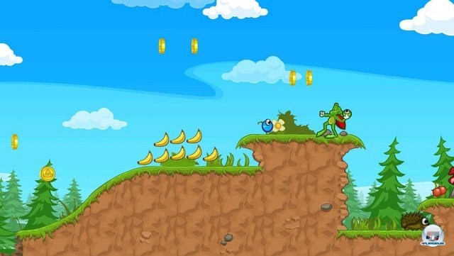 Blauer Himmel, grüne Wiesen, knuffige Kopffüßer: Superfrog verströmt von Beginn an gute Laune. Blauer Himmel, grüne Wiesen, knuffige Kopffüßer: Superfrog verströmt von Beginn an gute Laune.