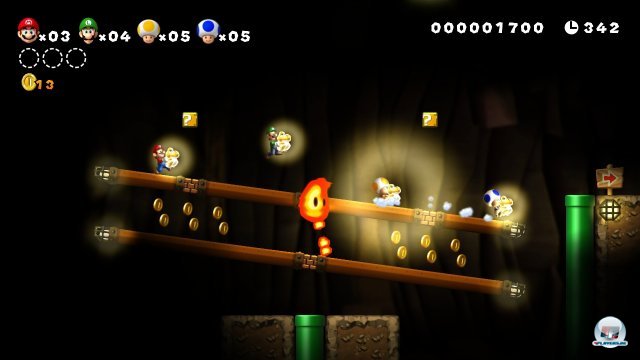 Bis zu vier Spieler dürfen mit quer gehaltenen Wiimotes mitmischen - ein fünfter platziert auf dem Gamepad-Touchpad rettende Plattformen.